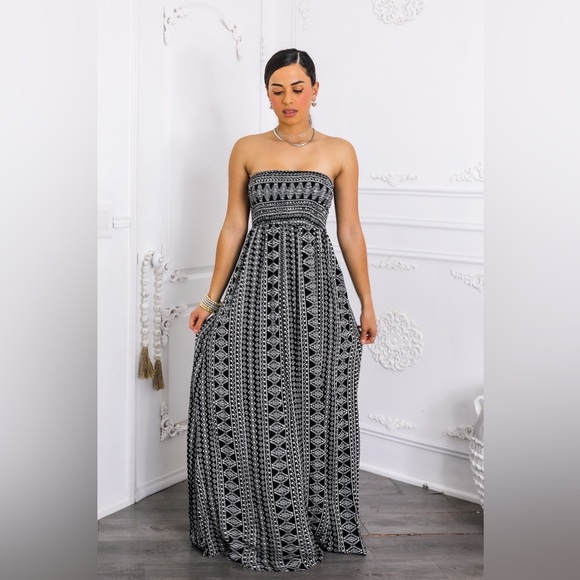 Elegant Black and White Strapless Maxi Dress - Picture 1 of 5